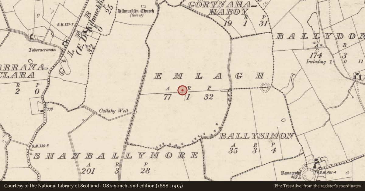 Ordnance Survey six-inch map, 2nd edition (1888–1915) covering the location of Enclosure, Emlagh, County Tipperary South, with a pin at the register's coordinates