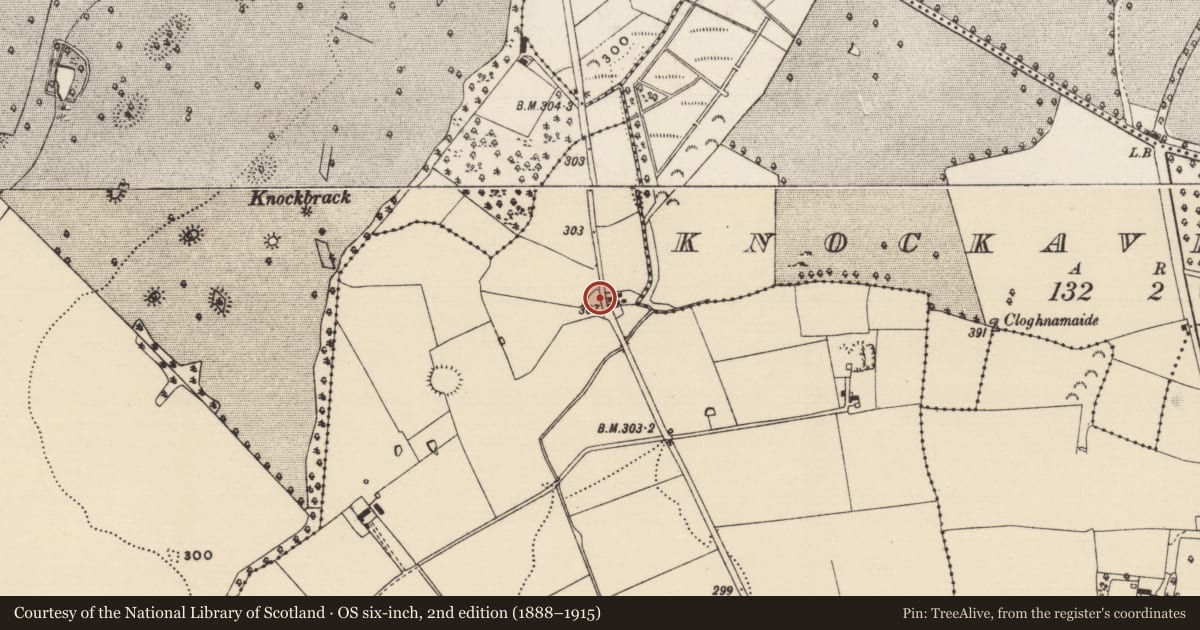 Ordnance Survey six-inch map, 2nd edition (1888–1915) covering the location of Enclosure, Kilmore Upper, County Tipperary South, with a pin at the register's coordinates