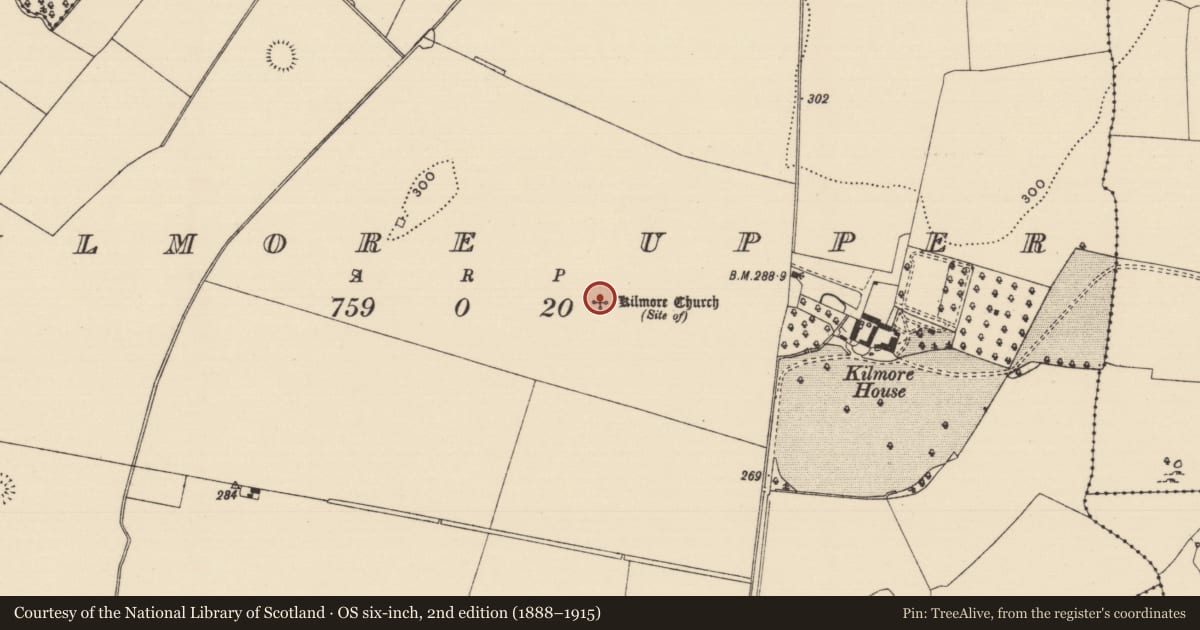 Ordnance Survey six-inch map, 2nd edition (1888–1915) covering the location of Church, Kilmore Upper, County Tipperary South, with a pin at the register's coordinates