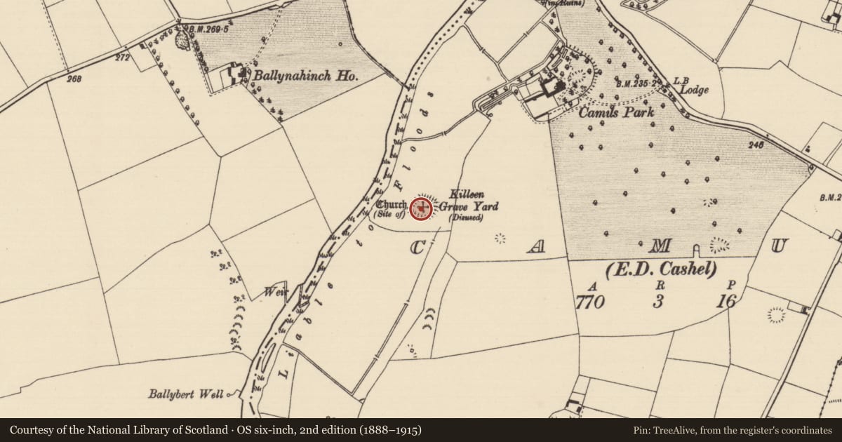 Ordnance Survey six-inch map, 2nd edition (1888–1915) covering the location of Church, Camus (St. Patricksrock Par.), County Tipperary South, with a pin at the register's coordinates