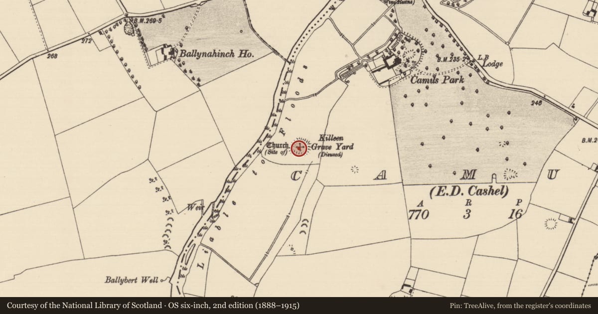 Ordnance Survey six-inch map, 2nd edition (1888–1915) covering the location of Children's burial ground, Camus (St. Patricksrock Par.), County Tipperary South, with a pin at the register's coordinates