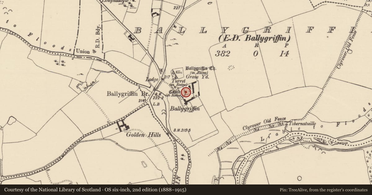 Ordnance Survey six-inch map, 2nd edition (1888–1915) covering the location of House - fortified house, Ballygriffin (Ballygriffin Par.), County Tipperary South, with a pin at the register's coordinates