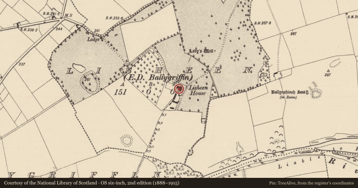 Ordnance Survey six-inch map, 2nd edition (1888–1915) covering the location of House - 17th century, Lisheen (Ballygriffin Par.), County Tipperary South, with a pin at the register's coordinates