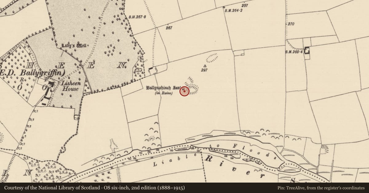 Ordnance Survey six-inch map, 2nd edition (1888–1915) covering the location of Building, Ballynahinch (Ballygriffin Par.), County Tipperary South, with a pin at the register's coordinates