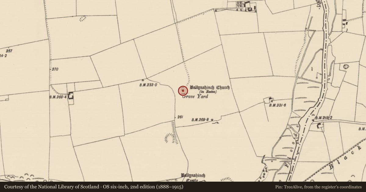 Ordnance Survey six-inch map, 2nd edition (1888–1915) covering the location of Church, Ballynahinch (Ballygriffin Par.), County Tipperary South, with a pin at the register's coordinates
