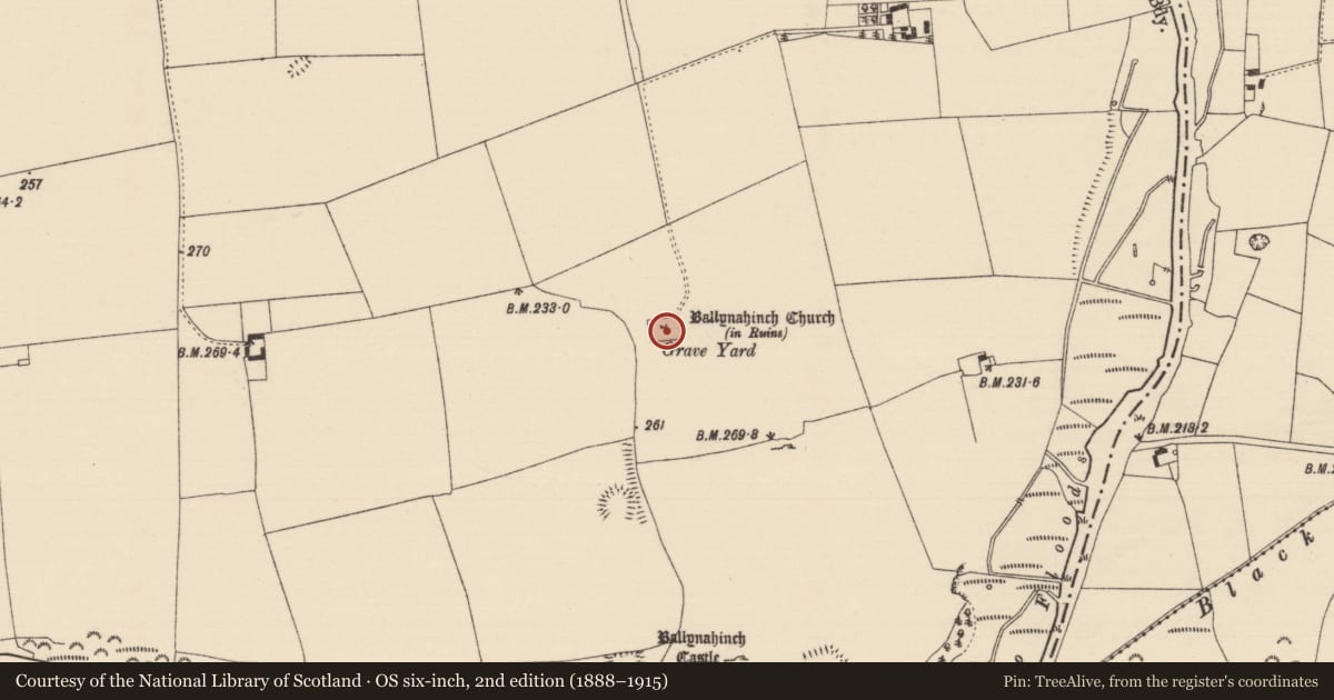 Ordnance Survey six-inch map, 2nd edition (1888–1915) covering the location of Graveyard, Ballynahinch (Ballygriffin Par.), County Tipperary South, with a pin at the register's coordinates