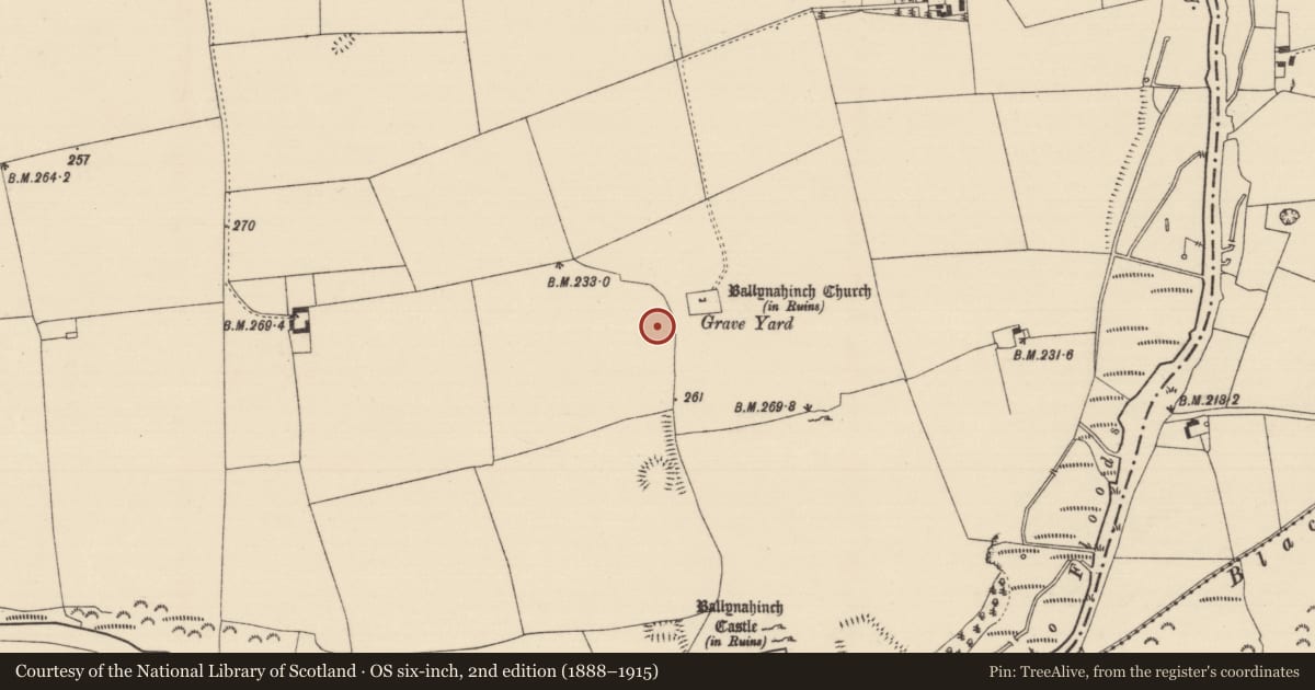 Ordnance Survey six-inch map, 2nd edition (1888–1915) covering the location of Enclosure, Ballynahinch (Ballygriffin Par.), County Tipperary South, with a pin at the register's coordinates