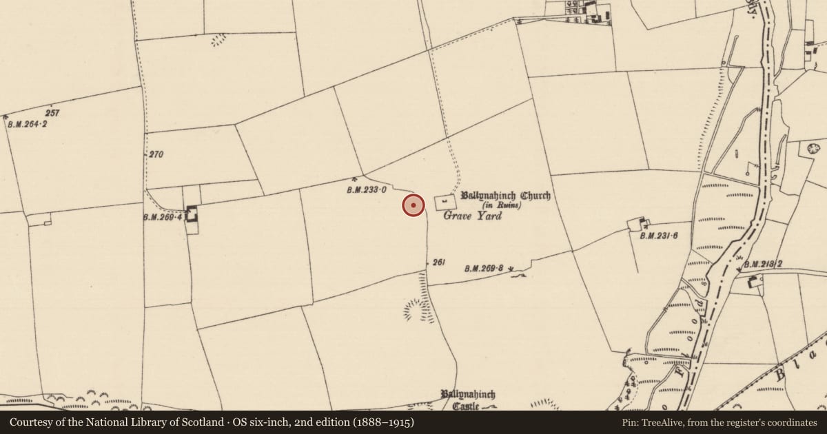 Ordnance Survey six-inch map, 2nd edition (1888–1915) covering the location of House - indeterminate date, Ballynahinch (Ballygriffin Par.), County Tipperary South, with a pin at the register's coordinates