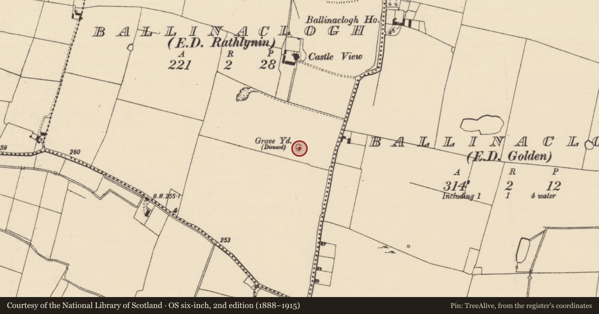 Ordnance Survey six-inch map, 2nd edition (1888–1915) covering the location of Burial ground, Ballinaclogh (Rathlynin Par.), County Tipperary South, with a pin at the register's coordinates