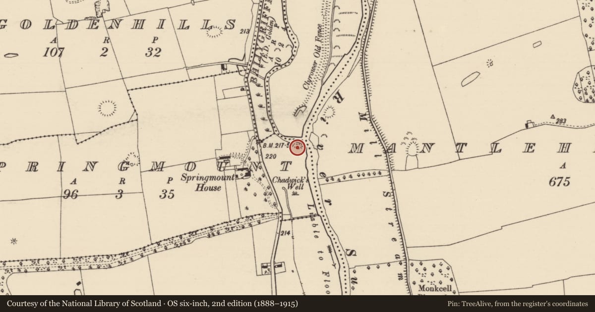Ordnance Survey six-inch map, 2nd edition (1888–1915) covering the location of Cliff-edge fort, Springmount (Relickmurray & Athassel Par.), County Tipperary South, with a pin at the register's coordinates