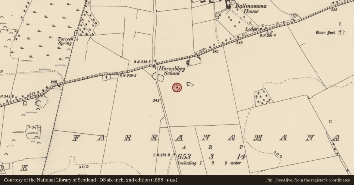 Ordnance Survey six-inch map, 2nd edition (1888–1915) covering the location of Moated site, Farranamanagh, County Tipperary South, with a pin at the register's coordinates