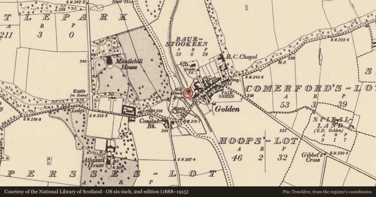 Ordnance Survey six-inch map, 2nd edition (1888–1915) covering the location of Water mill - unclassified, Baurstookeen, County Tipperary South, with a pin at the register's coordinates