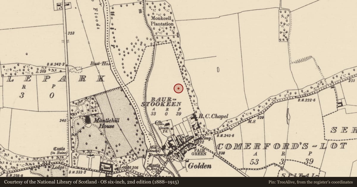 Ordnance Survey six-inch map, 2nd edition (1888–1915) covering the location of Enclosure, Baurstookeen, County Tipperary South, with a pin at the register's coordinates