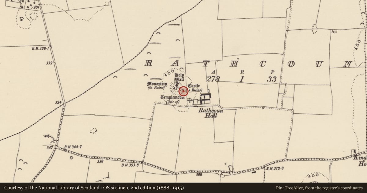 Ordnance Survey six-inch map, 2nd edition (1888–1915) covering the location of Castle - unclassified, Rathcoun, County Tipperary South, with a pin at the register's coordinates