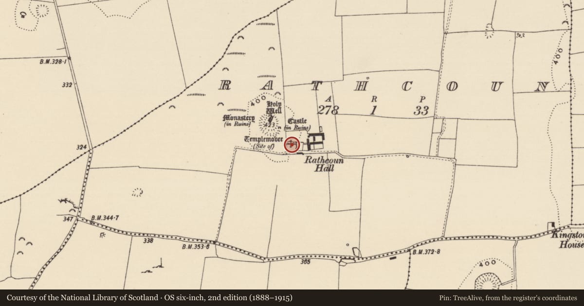 Ordnance Survey six-inch map, 2nd edition (1888–1915) covering the location of Church, Rathcoun, County Tipperary South, with a pin at the register's coordinates