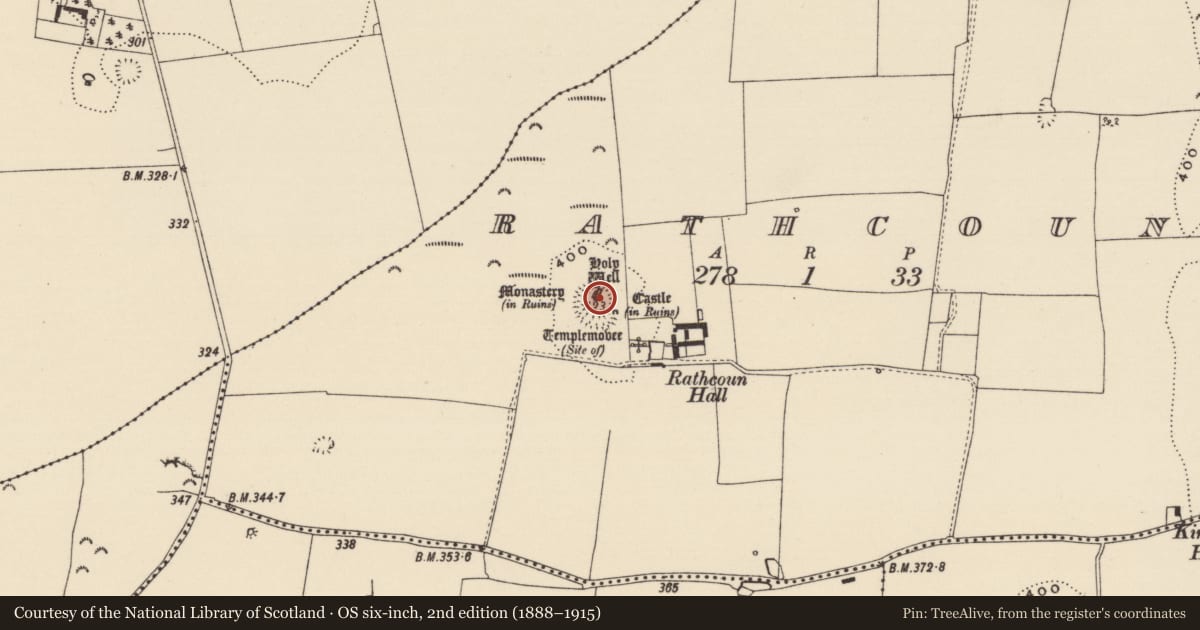 Ordnance Survey six-inch map, 2nd edition (1888–1915) covering the location of Religious house - unclassified, Rathcoun, County Tipperary South, with a pin at the register's coordinates