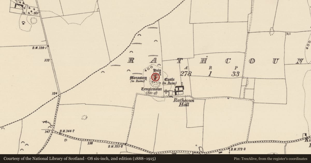 Ordnance Survey six-inch map, 2nd edition (1888–1915) covering the location of Ritual site - holy well, Rathcoun, County Tipperary South, with a pin at the register's coordinates