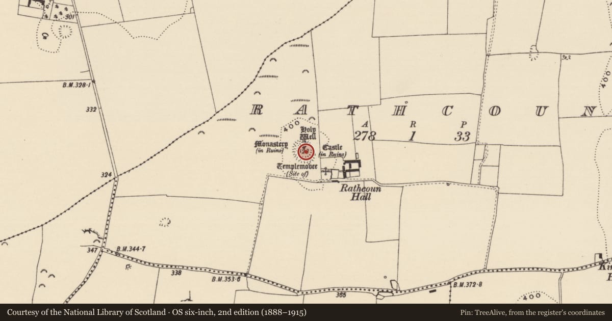 Ordnance Survey six-inch map, 2nd edition (1888–1915) covering the location of Enclosure, Rathcoun, County Tipperary South, with a pin at the register's coordinates