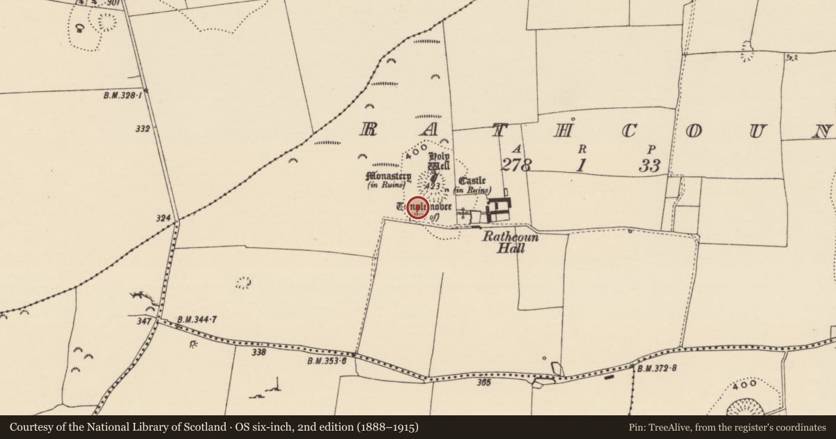 Ordnance Survey six-inch map, 2nd edition (1888–1915) covering the location of Enclosure, Rathcoun, County Tipperary South, with a pin at the register's coordinates