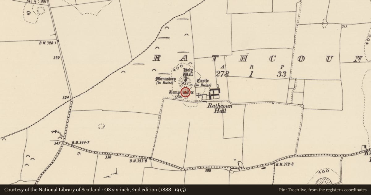 Ordnance Survey six-inch map, 2nd edition (1888–1915) covering the location of Barrow - ditch barrow, Rathcoun, County Tipperary South, with a pin at the register's coordinates