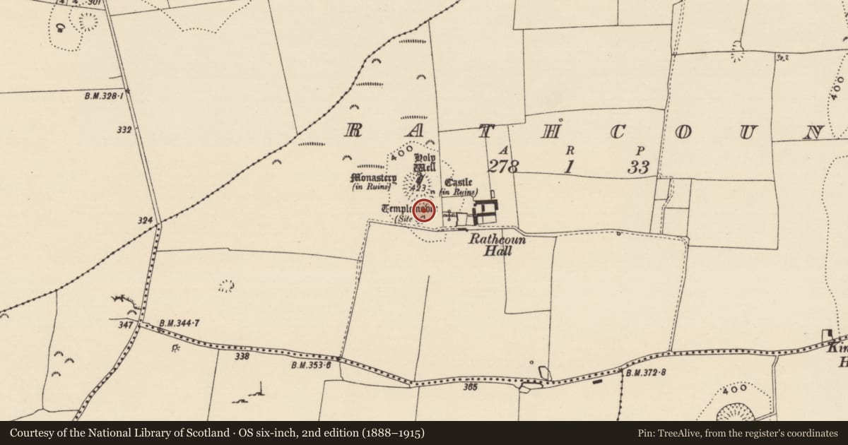 Ordnance Survey six-inch map, 2nd edition (1888–1915) covering the location of Barrow - ditch barrow, Rathcoun, County Tipperary South, with a pin at the register's coordinates