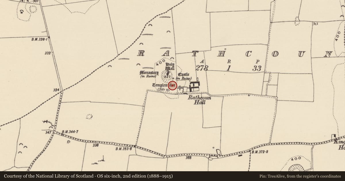 Ordnance Survey six-inch map, 2nd edition (1888–1915) covering the location of Barrow - ditch barrow, Rathcoun, County Tipperary South, with a pin at the register's coordinates