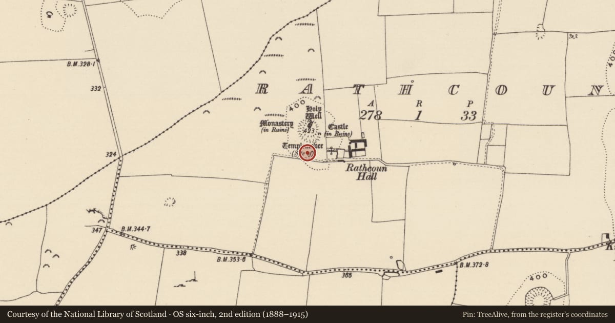Ordnance Survey six-inch map, 2nd edition (1888–1915) covering the location of Barrow - mound barrow, Rathcoun, County Tipperary South, with a pin at the register's coordinates