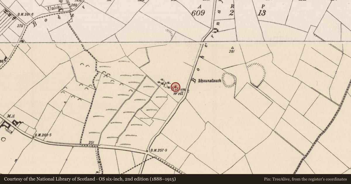 Ordnance Survey six-inch map, 2nd edition (1888–1915) covering the location of Ritual site - holy well, Kilshenane, County Tipperary South, with a pin at the register's coordinates