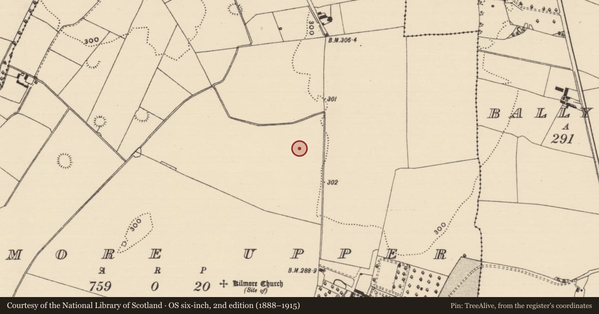 Ordnance Survey six-inch map, 2nd edition (1888–1915) covering the location of Fulacht fia, Kilmore Upper, County Tipperary South, with a pin at the register's coordinates