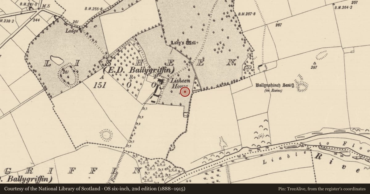 Ordnance Survey six-inch map, 2nd edition (1888–1915) covering the location of Enclosure, Lisheen (Ballygriffin Par.), County Tipperary South, with a pin at the register's coordinates