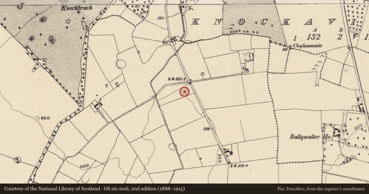 Ordnance Survey six-inch map, 2nd edition (1888–1915) covering the location of Barrow - ditch barrow, Kilmore Upper, County Tipperary South, with a pin at the register's coordinates