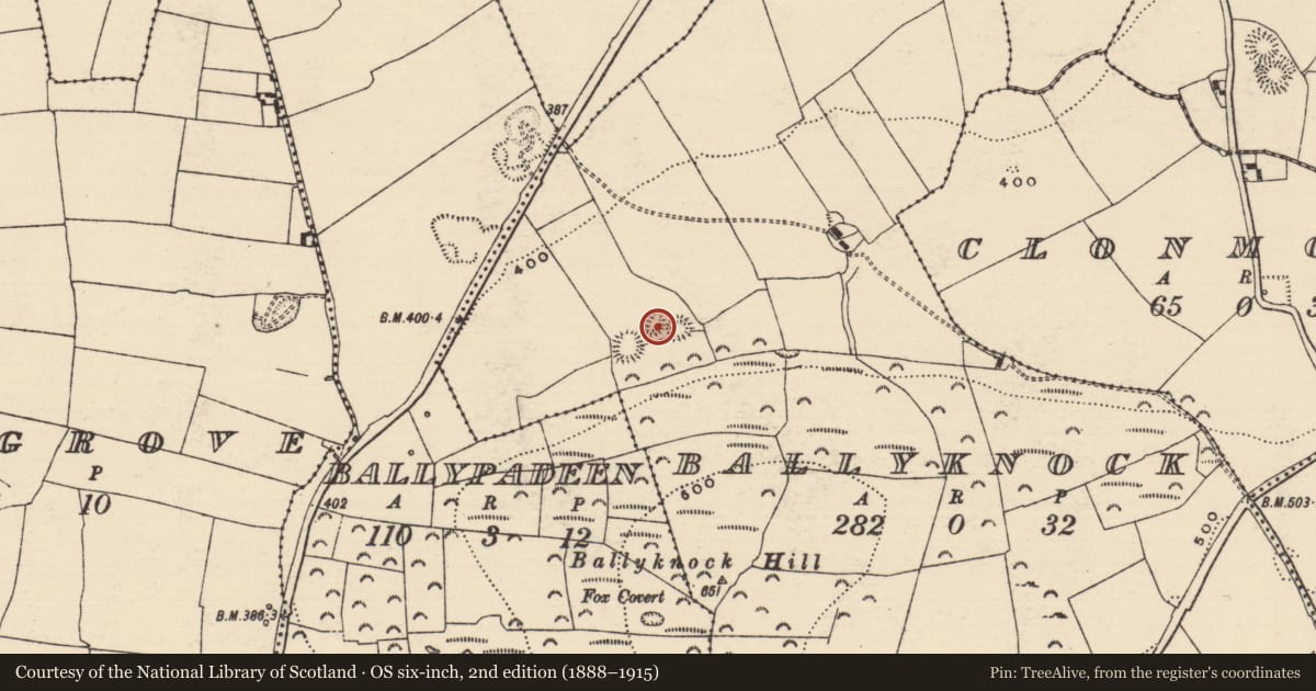 Ordnance Survey six-inch map, 2nd edition (1888–1915) covering the location of Enclosure, Ballyknock, County Tipperary South, with a pin at the register's coordinates