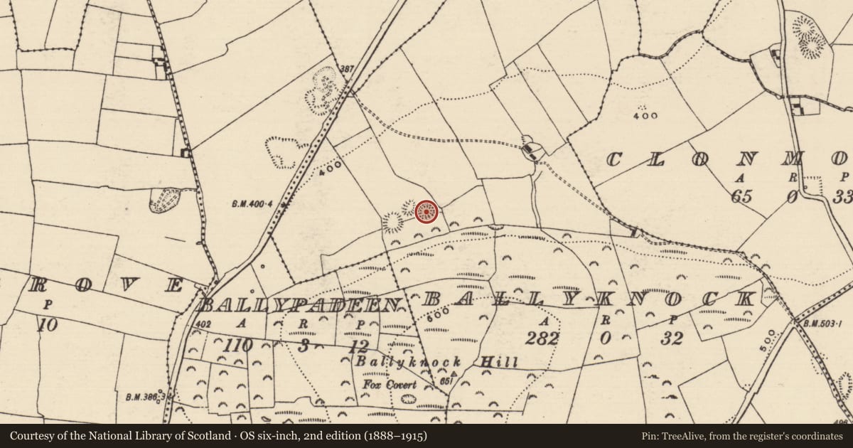 Ordnance Survey six-inch map, 2nd edition (1888–1915) covering the location of Enclosure, Ballyknock, County Tipperary South, with a pin at the register's coordinates