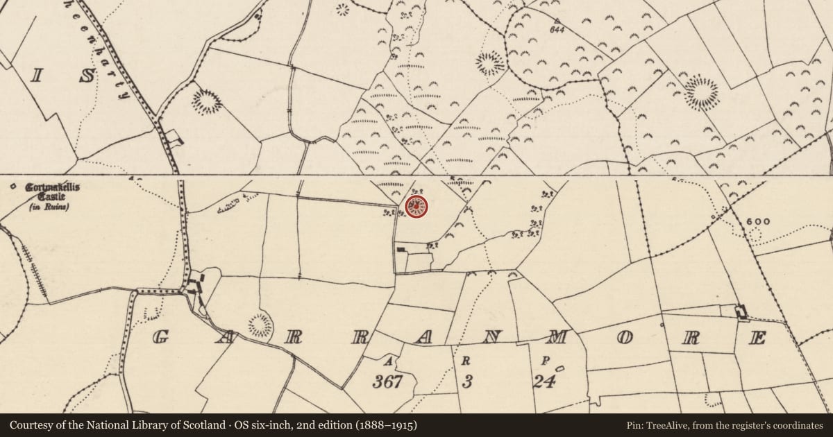 Ordnance Survey six-inch map, 2nd edition (1888–1915) covering the location of Ringfort - rath, Garranmore (St. Patricksrock Par.), County Tipperary South, with a pin at the register's coordinates