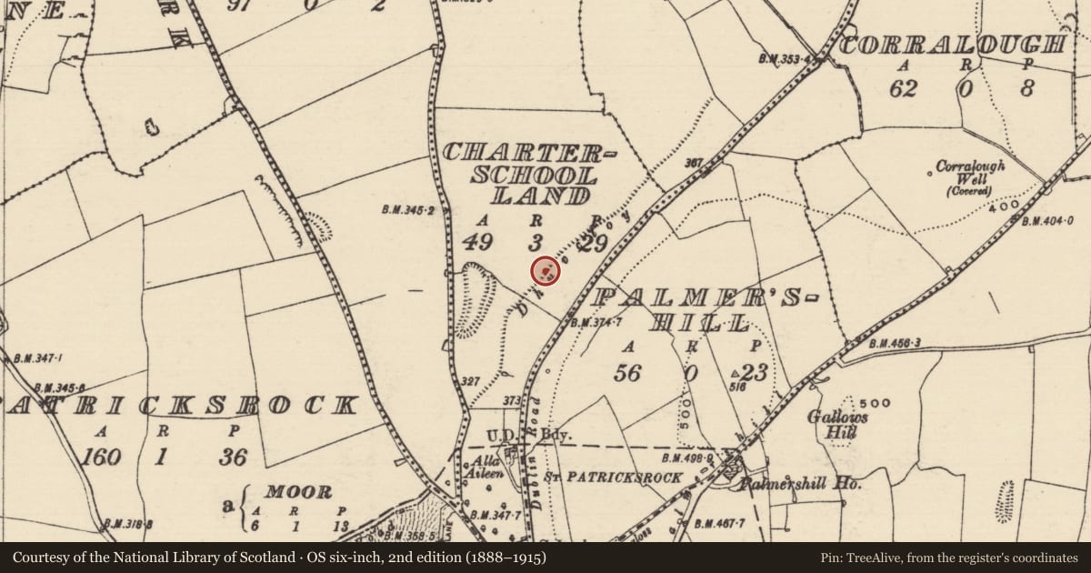 Ordnance Survey six-inch map, 2nd edition (1888–1915) covering the location of Road - hollow-way, Charterschool Land, Deansgrove, County Tipperary South, with a pin at the register's coordinates