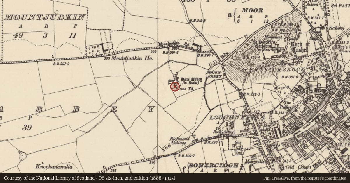 Ordnance Survey six-inch map, 2nd edition (1888–1915) covering the location of Graveyard, Horeabbey, County Tipperary South, with a pin at the register's coordinates