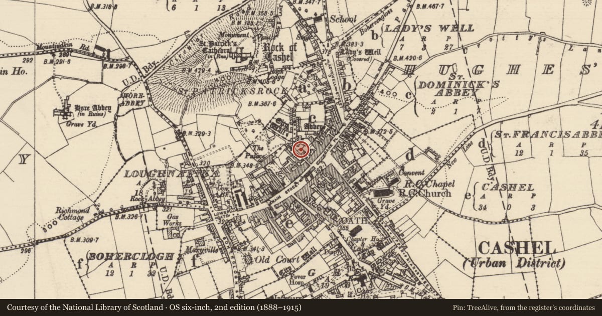 Ordnance Survey six-inch map, 2nd edition (1888–1915) covering the location of Historic town, County Tipperary South, with a pin at the register's coordinates