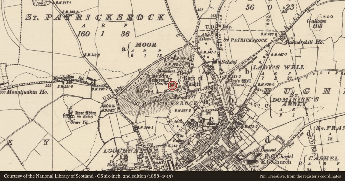 Ordnance Survey six-inch map, 2nd edition (1888–1915) covering the location of Chapel, St. Patricksrock, County Tipperary South, with a pin at the register's coordinates