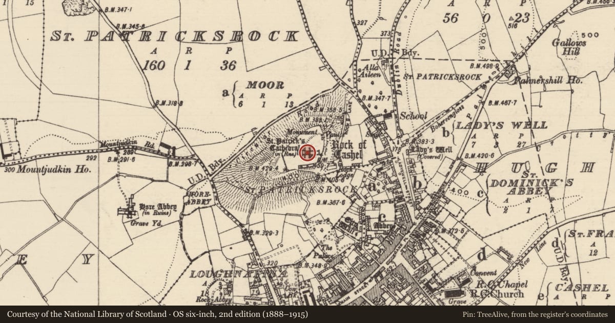 Ordnance Survey six-inch map, 2nd edition (1888–1915) covering the location of Cathedral, St. Patricksrock, County Tipperary South, with a pin at the register's coordinates