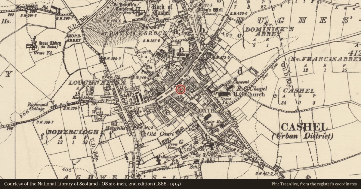 Ordnance Survey six-inch map, 2nd edition (1888–1915) covering the location of Castle - tower house, Cashel, County Tipperary South, with a pin at the register's coordinates