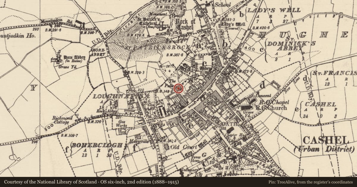Ordnance Survey six-inch map, 2nd edition (1888–1915) covering the location of House - 18th/19th century, Cashel, County Tipperary South, with a pin at the register's coordinates