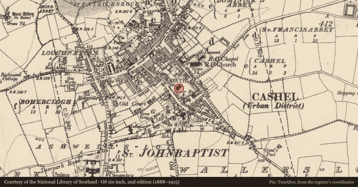 Ordnance Survey six-inch map, 2nd edition (1888–1915) covering the location of Church, Green, Cashel, County Tipperary South, with a pin at the register's coordinates