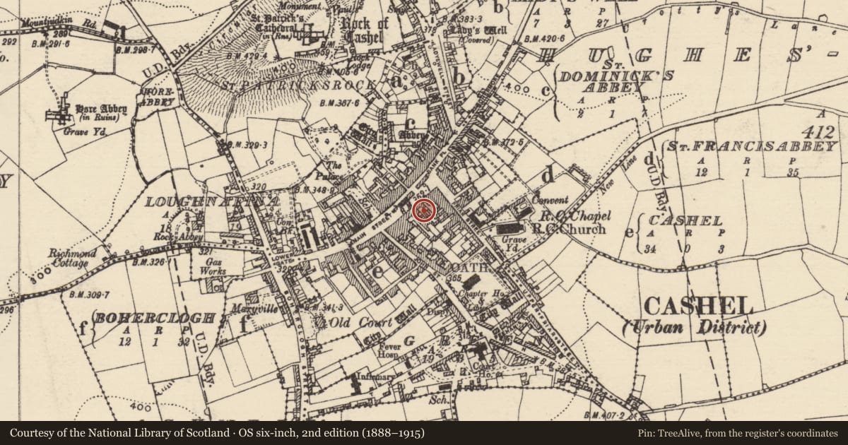 Ordnance Survey six-inch map, 2nd edition (1888–1915) covering the location of Building, Cashel, County Tipperary South, with a pin at the register's coordinates