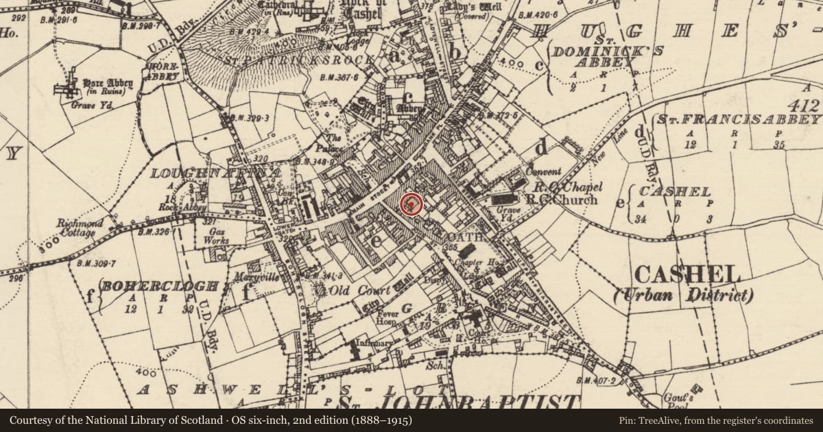 Ordnance Survey six-inch map, 2nd edition (1888–1915) covering the location of Town defences, County Tipperary South, with a pin at the register's coordinates