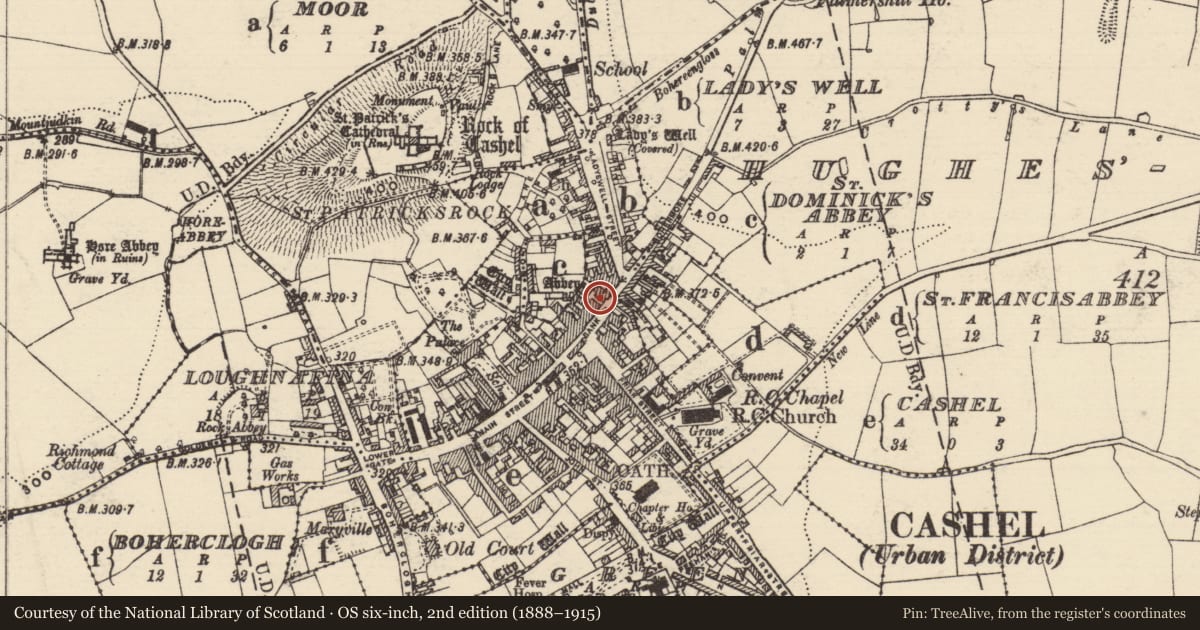 Ordnance Survey six-inch map, 2nd edition (1888–1915) covering the location of House - medieval, Cashel, County Tipperary South, with a pin at the register's coordinates