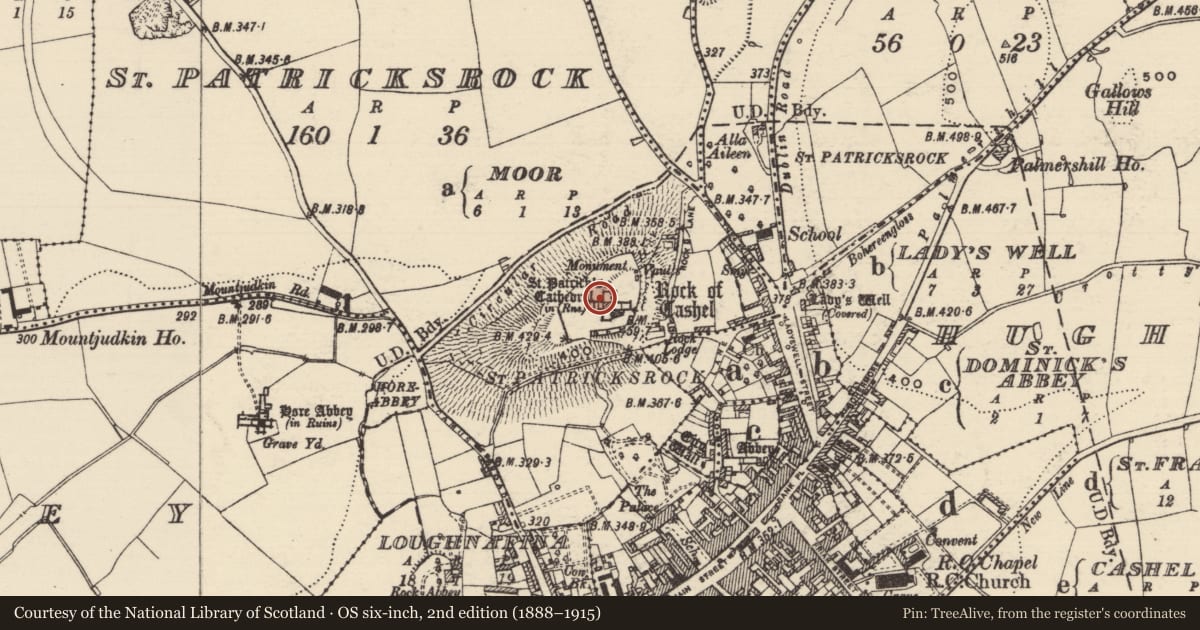 Ordnance Survey six-inch map, 2nd edition (1888–1915) covering the location of Enclosure, St. Patricksrock, County Tipperary South, with a pin at the register's coordinates