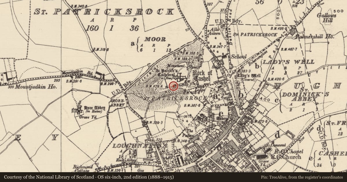 Ordnance Survey six-inch map, 2nd edition (1888–1915) covering the location of Gatehouse, St. Patricksrock, County Tipperary South, with a pin at the register's coordinates
