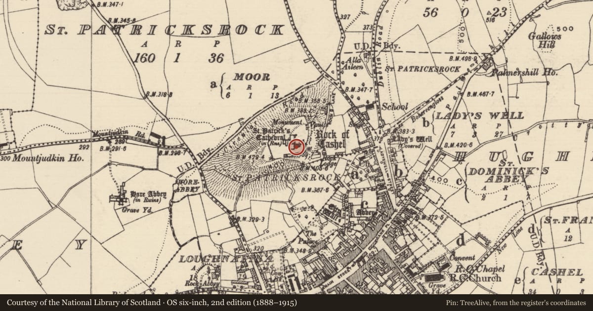 Ordnance Survey six-inch map, 2nd edition (1888–1915) covering the location of Church, St. Patricksrock, County Tipperary South, with a pin at the register's coordinates