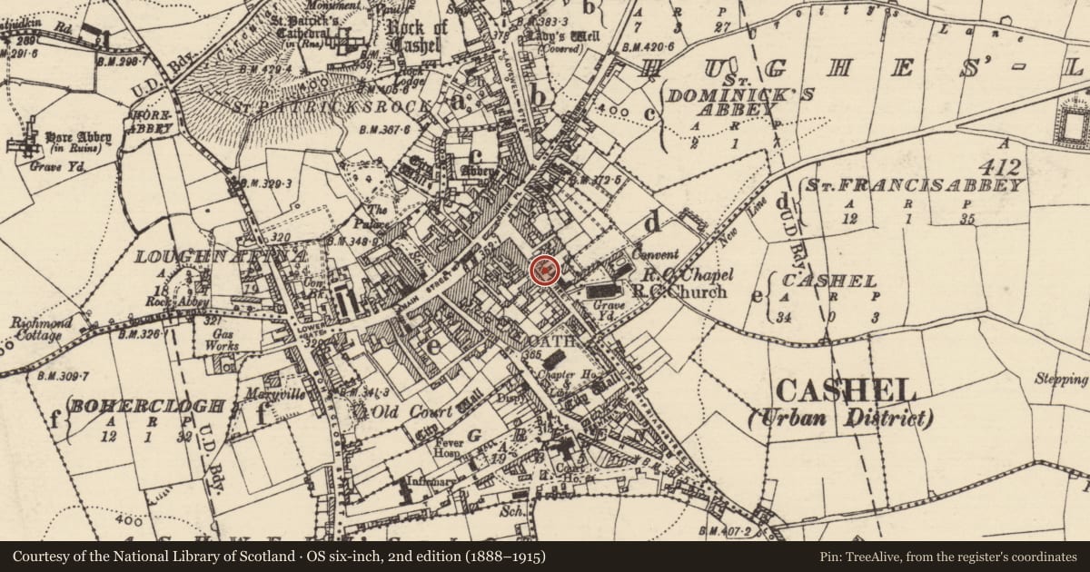 Ordnance Survey six-inch map, 2nd edition (1888–1915) covering the location of House - medieval, Cashel, County Tipperary South, with a pin at the register's coordinates