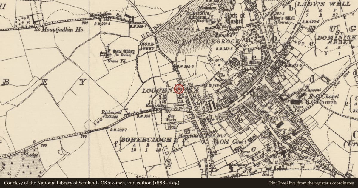 Ordnance Survey six-inch map, 2nd edition (1888–1915) covering the location of Building, Loughnafina, County Tipperary South, with a pin at the register's coordinates